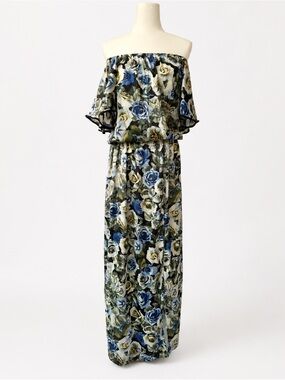 Blue Floral Off-Shoulder Maxi Dress with Ruffle Bodice